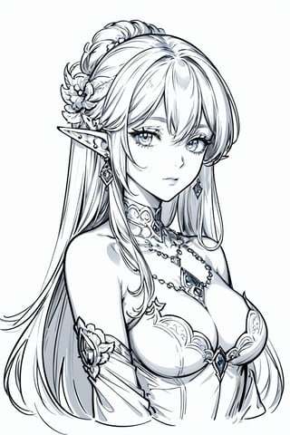 masterpiece,top quality, (simple white background),
 line drawing,(no color:1.5),,white background,Black distinct lines、line anime,
jewelry, accessories, elf, , bare shoulders, long hair, earrings