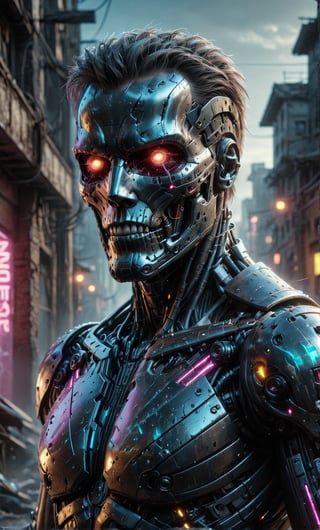Ultra-realistic Terminator, extremely detailed with beautiful prism and neon lighting, medium shot. The Terminator features ultra-detailed, Hodie, Cyberpunk style, transparent armor made of glass, ultra-clear and luxurious, with neon-edged weapons, set against a backdrop of ultra-detailed city ruins.