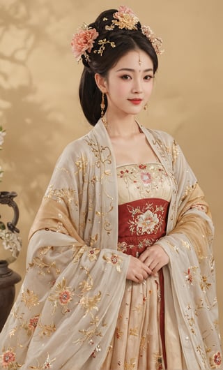 Busty and sexy girl, 8K, masterpiece, ultra-realistic, best quality, high resolution, high definition, smile, detail finger, figure wearing floral headdress decorated with gold jewelry and pearls. Low-cut floral patterned ancient hanbok. Gold embroidery and gems create a sense of luxury. outdoor, The fabric drapes elegantly as if it were a flowing robe or gown. Overall color palette is rich gold and dazzling white. Colorful smoke background.,1girl,winterhanfu,daxiushan