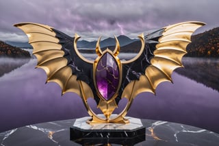 (best quality, highres, ultra high resolution, masterpiece, realistic, extremely photograph, detailed photo, 8K wallpaper, intricate detail, film grains), pHigh definition photorealistic render of a luxury halloween sculpture of a terrifying bat made of purple, black and white marble and gold metal, flying head-on in a mystical lake in the Sea of Fog, with two towers of fire held by chains at the ready of falling, all this is an autumn darkness, with blood, chains, fire and smoke, enigmatic darkness, professional photography with blur and professional ISO parameters and high shutter speed, mystical lightning, iridescent holographic effect of marble and metal, with fluid and organic shapes, with a background where a parametric sculpture with wings appears, in metal, marble and iridescent glass, with symmetrical curves on a marble background details in black and white gold, ruby, inspired by the style of Zaha Hadid, golden iridescences , with black and white details. The design is inspired by the Tomorrowland 2022 main stage, with ultra-realistic Art Deco details and a high level of iridescent image complexity.
