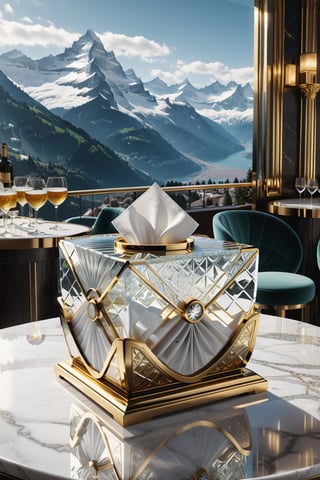 High definition photorealistic render of a glass napkin holder with gold metal details, in a luxury bar in Switzerland, with snow and mountains, made of sculpted glass in an ornamental parametric style, a cinematic shot in marble and glass with an iridescent iridescent effect, Detailed explosion of scenery, with fabrics, full of elegant mystery, symmetrical, geometric and parametric details, Technical design, Ultra intricate details, Ornate details. shutter speed 1/1000, f/22, white balance, vintage aesthetic, retro aesthetic, retro film, dramatic setting, horror film