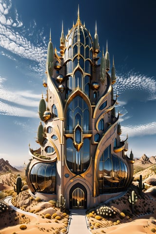 (best quality,  highres,  ultra high resolution,  masterpiece,  realistic,  extremely photograph,  detailed photo,  8K wallpaper,  intricate detail,  film grains), luxurious surreal scene of a giant vertical castle with dragon and hypersound rocket in parametric style, with flowing curves in black and white marble, gold metal and iridescent glass, inspired by Zaha Hadid, symmetrical, flowing curves and pointed corners, an aggressive design and imposing with art deco style details, located in a rocky desert full of giant cacti and sand and particle storms