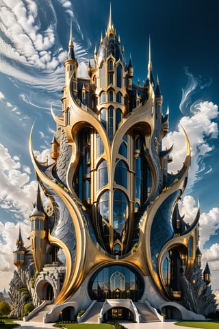 (best quality,  highres,  ultra high resolution,  masterpiece,  realistic,  extremely photograph,  detailed photo,  8K wallpaper,  intricate detail,  film grains), 
luxurious surreal scene of a giant vertical castle with dragon and hypersound rocket in parametric style, with flowing curves in black and white marble, gold metal and iridescent glass, inspired by Zaha Hadid, symmetrical, flowing curves and pointed corners, an aggressive design and imposing with art deco style details, located in the middle of a giant tornado that destroys everything