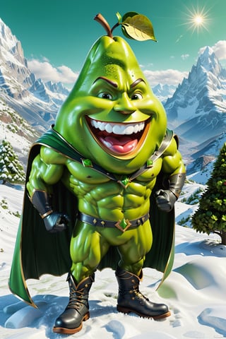 High definition photorealistic render of an incredible and mysterious character of a head fruit mr beautifull pear green warrior whith this fruit around the character, with men muscles and a big smile, with boots and capes, in a mountains snow, with luxurious details in marble and metal and details in parametric architecture and art deco, the fruit It must be the head of the character full body pose fruit, themed fruit and fruit themed costumes, magical phantasy