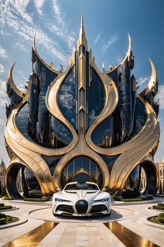 (best quality,  highres,  ultra high resolution,  masterpiece,  realistic,  extremely photograph,  detailed photo,  8K wallpaper,  intricate detail,  film grains), luxurious surreal scene of a giant castle with wings and super car shape in parametric style, with flowing curves in black and white marble, gold metal and iridescent glass, inspired by Zaha Hadid, symmetrical, flowing curves and pointed corners, an aggressive and imposing design with details in art deco style, located in an ancient city