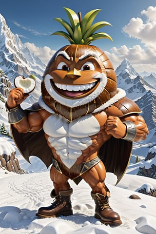 High definition photorealistic render of an incredible and mysterious character of a head fruit mr coconut brown and white warrior whith this fruit around the character, with men muscles and a big smile, with boots and capes, in a mountains snow, with luxurious details in marble and metal and details in parametric architecture and art deco, the fruit It must be the head of the character full body pose fruit, themed fruit and fruit themed costumes, magical phantasy