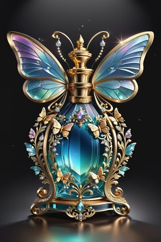 Photorealistic rendering in high definition of a perfume in sculpted glass and made of diamonds and iridescent iridescent gemstones, themed in a butterfly with open wings, until its presentation, the perfume must be located on a throne of glass and marble and with ornamental details and baroque style, must include iridescent glass and marble and luxurious oriental external decoration, full of elegant mystery, symmetrical, geometric and parametric details, Technical design, Ultra intricate details, Ornate details,Disney pixar style,veropeso