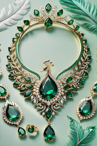 Photorealistic render in high definition of a jewelry set that includes a necklace, a bracelet, a ring and a pair of earrings, made of diamonds and green gemstones, this entire set must be themed in the shape of a peacock, until its presentation, the background should include swan feathers on a fabric background, iridescent glass and marble and luxurious oriental external decoration, full of elegant mystery, symmetrical, geometric and parametric details, Technical design, Ultra intricate details, Ornate details, Stylized details, Cinematic Lighting, 8k, Unreal, Photorealistic, Hyperrealism, CGI, VFX, SFX