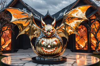 High definition photorealistic render of a luxury sculpture of a scary bat with orange marble and gold metal, in an impressive and terrifying and bloody orchard, with a wooden cabin and enigmatic darkness, the pumpkin must be in the foreground focused with mythical wings and professional fantasy photography with blur and professional ISO and speed parameters high shutter, flash of lightning,  efect iridicent holographic marble and metal, with fluid and organic shapes, with a background where a parametric sculpture with wings appears, in metal, marble and iridescent glass, with precious diamonds, with symmetrical curves in the shape of dragon wings in marble background black & white details gold, chaotic swarowski, inspired by the style of Zaha Hadid, gold iridescence, with black and white details. The design is inspired by the Tomorrowland 2022 main stage, with ultra-realistic Art Deco details and a high level of image complexity iridescence.
,monster