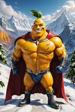 High definition photorealistic render of an incredible and mysterious character of a fruit mr hero mango warrior, with men muscles and a big smile, with boots and capes, in a mountains snow, with luxurious details in marble and metal and details in parametric architecture and art deco, the fruit It must be the head of the character full body pose fruit, themed fruit and fruit themed costumes