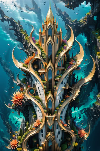 (best quality,  highres,  ultra high resolution,  masterpiece,  realistic,  extremely photograph,  detailed photo,  8K wallpaper,  intricate detail,  film grains), 
luxurious surreal scene of a giant vertical castle with dragon and hypersound rocket in parametric style, with flowing curves in black and white marble, gold metal and iridescent glass, inspired by Zaha Hadid, symmetrical, flowing curves and pointed corners, an aggressive design and imposing with art deco style details, located in an illuminated underwater city in the middle of a neon ocean, with mysterious mythological creatures and corals and seabeds