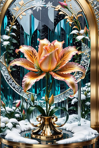 (best quality,  highres,  ultra high resolution,  masterpiece,  realistic,  extremely photograph,  detailed photo,  8K wallpaper,  intricate detail,  film grains), High definition photorealistic, luxurious hyperrealistic poster composition simetric holographic foil crystal of a luxury majestic and elegant rose lily with luxury details in gold and placed in a glass on a throne with marble and metal with sculptural sculpted glass with parametric architecture in the foreground located in an environment where there are many flowers but everything is covered in snow and flakes snow a beautiful floral garden with snow, gold, hipermaximalistic, with art deco style, high level of image complexity.
