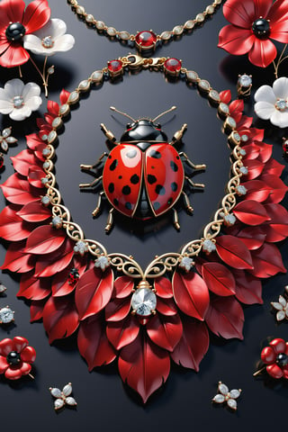 photorealistic render in high definition of a jewelry ladybug set that includes a necklace, a bracelet, a ring and a pair of earrings, made of diamonds and red and black precious stones, this entire set must be themed in the shape of a ladybug, Until presentation, the background must include feathers and flowers on a fabric background, iridescent glass and marble and luxurious oriental external decoration, full of elegant mystery, symmetrical, geometric and parametric details, Technical design, Ultra intricate details, Ornate details, Details stylized, Cinematic Lighting, 8k, Unreal, Photorealistic, Hyperrealism, CGI, VFX, SFX