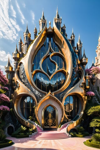 (best quality,  highres,  ultra high resolution,  masterpiece,  realistic,  extremely photograph,  detailed photo,  8K wallpaper,  intricate detail,  film grains), luxurious surreal scene of a giant vertical castle with dragon and hypersound heart shapes in parametric style, with fluid curves in black and white marble, gold metal and iridescent glass, inspired by Zaha Hadid, symmetrical, fluid curves and pointed corners, a aggressive and imposing design with art deco style details, located in a garden full of waterfalls and pink sand

