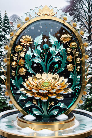 (best quality,  highres,  ultra high resolution,  masterpiece,  realistic,  extremely photograph,  detailed photo,  8K wallpaper,  intricate detail,  film grains), High definition photorealistic, luxurious hyperrealistic poster composition simetric holographic foil crystal of a luxury majestic and elegant Chrysanthemum with luxury details in gold and placed in a glass on a throne with marble and metal with sculptural sculpted glass with parametric architecture in the foreground located in an environment where there are many flowers but everything is covered in snow and flakes snow a beautiful floral garden with snow, gold, hipermaximalistic, with art deco style, high level of image complexity.