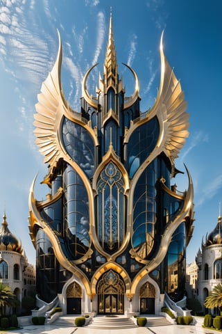 (best quality,  highres,  ultra high resolution,  masterpiece,  realistic,  extremely photograph,  detailed photo,  8K wallpaper,  intricate detail,  film grains), luxurious surreal scene of a giant vertical castle with wings and gear shape in parametric style, with flowing curves in black and white marble, gold metal and iridescent glass, inspired by Zaha Hadid, symmetrical, flowing curves and pointed corners, an aggressive design and imposing with art deco style details, located in an ancient city