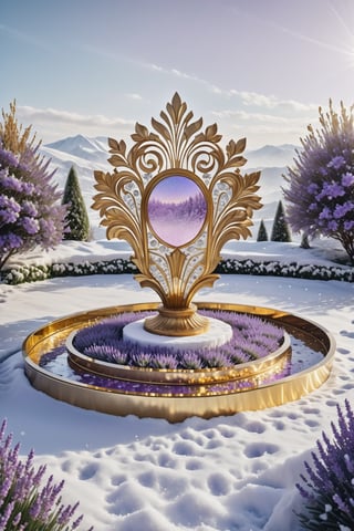 (best quality,  highres,  ultra high resolution,  masterpiece,  realistic,  extremely photograph,  detailed photo,  8K wallpaper,  intricate detail,  film grains), High definition photorealistic, luxurious hyperrealistic poster composition simetric holographic foil crystal of a luxury majestic and elegant Lavender with luxury details in gold and placed in a glass on a throne with marble and metal with sculptural sculpted glass with parametric architecture in the foreground located in an environment where there are many flowers but everything is covered in snow and flakes snow a beautiful floral garden with snow, gold, hipermaximalistic, with art deco style, high level of image complexity.
