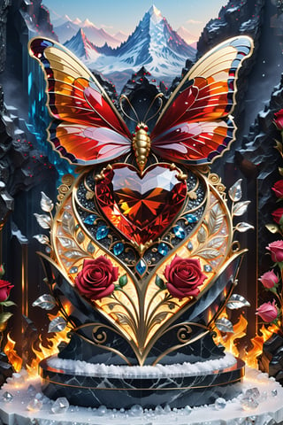 (best quality,  highres,  ultra high resolution,  masterpiece,  realistic,  extremely photograph,  detailed photo,  8K wallpaper,  intricate detail,  film grains), High definition photorealistic, luxurious hyperrealistic poster composition simetric holographic foil crystal of a luxurymajestic and elegant luxurious sculpted butterfly with a detailed and ornamental heart-shaped crown with a passionate red rose with luxurious gold details and placed on a crystal throne on a marble and metal throne with sculptural sculpted glass with parametric architecture in close-up located in a volcanic environment with fire and lava combined with mountains of snow and the entrance of a paradise castle where there are many flowers but everything is covered in dust and fire a beautiful floral garden with a volcano with snow and snowflakes, gold, hipermaximalistic, with art deco style, high level of image complexity.
