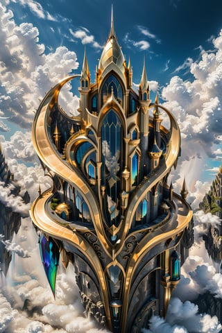 (best quality,  highres,  ultra high resolution,  masterpiece,  realistic,  extremely photograph,  detailed photo,  8K wallpaper,  intricate detail,  film grains), luxurious surreal scene of a giant vertical castle with dragon and hypersound rocket in parametric style, with flowing curves in black and white marble, gold metal and iridescent glass, inspired by Zaha Hadid, symmetrical, flowing curves and pointed corners, an aggressive design and imposing with details in art deco style, located in the middle of the clouds, floating and with iridescent effects of a rainbow close to the clouds