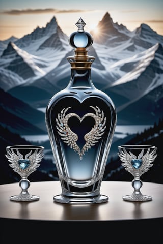 (best quality,  highres,  ultra high resolution,  masterpiece,  realistic,  extremely photograph,  detailed photo,  8K wallpaper,  intricate detail,  film grains), Photorealistic render in high definition of a majestic decanter with glasses, on a table in a luxury bar in Switzerland, with snow and mountains, made of sculpted glass in an ornamental parametric style, inlaid with diamonds and precious stones, morphologically and conceptually inspired by a heart with wings and crown, a cinematographic and magical shot in marble, including the colors, the perfume must be located on a glass and marble throne and with ornamental details and baroque style, glass with an iridescent effect must be included, and a detailed explosion of the scenography, with fabrics, full of elegant mystery, symmetrical, geometric and parametric details, Technical design, Ultra intricate details, Ornate details