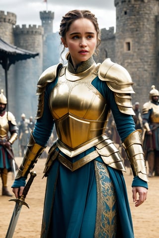 sexy actress Emilia Clarke, Female Knight standing , clad in gleaming gilded armor adorned with an abundance of ornaments that shimmer and shine. Her armor is a masterpiece of craftsmanship, boasting intricate details and engravings that seem to dance across her imposing physique. In one hand, she wields a massive sword, its blade etched with runes that pulse with energy. The sword appears to be an extension of her unyielding spirit, forged from countless battles and victories, Castle background
