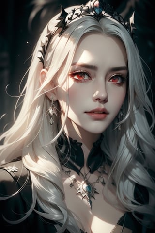 1 photograph, detailed lips, portrait, 1 female, angry face, mysterious smile, (white hair), long hair, (beautiful face), dark cleric outfit, silver earrings, silver tiara, silver necklace, ((darkest ruin: background)),4k, masterpiece, (dynamic pose)), Detailed face, detailed eyes, colors, otherworldly charm, (detailed cloudscape:1.3), (high-resolution:1.2), cinematic movement,1 girl, yuzu, Detailedface, dark light, half body, luminous and glowing red eyes, dark color, dark energy, dark lighting, fade dark