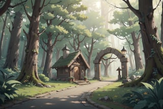 (tilt shift:1.2), cinematic scene, village entrance, forest, wood, mediaval, elven forest, misty forest