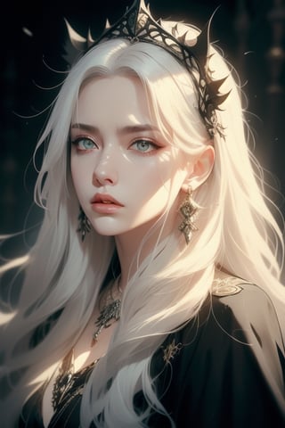 1 photograph, detailed lips, portrait, 1 female, angry face, (white hair), long hair, grey eyes, (beautiful face), black cleric outfit, (luminous eyes), black earrings, black headpiece, black necklace, ((ruin: background)),4k, masterpiece, (dynamic pose)), Detailed face, detailed eyes, colors, otherworldly charm, (detailed cloudscape:1.3), (high-resolution:1.2), cinematic lighting,1 girl, yuzu, Detailedface, dim lighting, half body