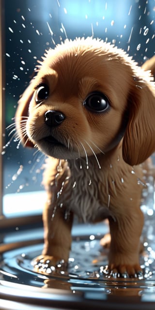 Ultra realistic illustration. Macro view,water explosion on a glass BREAK scattering of water particles as flow of electricity BREAK a small cute doggy is inside the glass.amazing details, perfect lighting and  reflections,unreal engine 5, RTX on,ultra HD, 8k, intricate, masterpiece