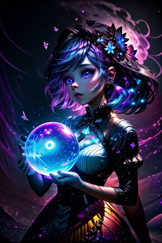 nebula,  a beautiful a crystal ball, outdoor, thematic background, neon, glow, fluttering symbols, | depth of field, bokeh, | smooth detailed shadows, hyperealistic shadows, (saturated color) | ,(unreal engine, pixar style), (3d model),maid,  1girl,  full_body maid_dress,High detailed 
