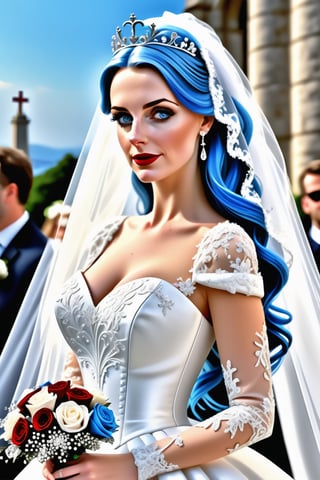 USE PORTRAIT UPLOAD FOR FACE ONLY, face is portrait_Img2Img, sfw, beautiful lady, (white wedding dress, background "Cristo_Redentor", image score_9, score_8_up, score_7_up, score_6_up, score_5_up, score_4_up, UHD, 8K, masterpiece, ultra-realistic, Ultra detailed photorealistic background, photoreal, realistic high detailed, ultra_high_resolution, anatomic correct bodies, wedding_castle, Extremely Realistic, lots of detail, wedding_party, crowded, full_body_visible, blue_hair, hair_wedding_decoration, veil_wedding_dress. red_lips,.