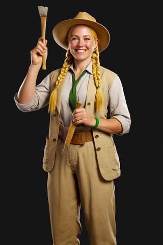 stile Indiana Johns, 1woman, solo, archaeologist, yellow hair, long braids, open forehead, panama hat, khaki suit, green eyes, star-shaped pupils, armband, archaeologist's tools, sun, scorching sun, sweet smile, heavy shoes, rarity, antiques, archeology, antiquity, archaeological excavation, divine, radiance, official art, stile Indiana Johns