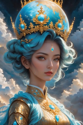 a painting of a woman with a globe in her hair, michael kutsche, artwork in style of sheng lam, voluminous, ceremonial clouds, inspired by Mark Arian, by Xia Chang, highly detailed head, golden edges and fractals, the crown, award-winning render, exalted