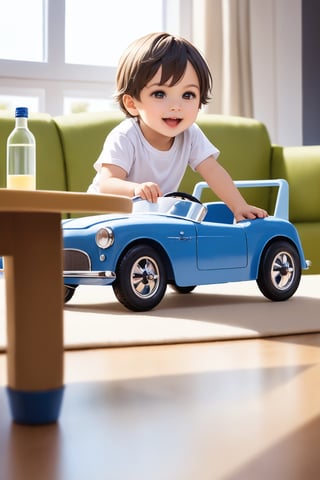 The image features a young boy sitting on a toy car, which appears to be a walker or a toy car with wheels. The boy is wearing a white shirt and seems to be enjoying his time on the toy car. 

In the background, there is a dining table with a few items on it, including a bottle, a cup, and a bowl. A dog is also present in the scene, standing near the boy and the toy car, possibly watching the child play.