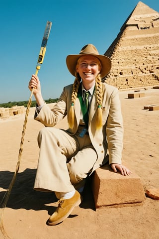 artist Indiana Johns, 1woman, solo, archaeologist, yellow hair, long braids, open forehead, panama hat, khaki suit, green eyes, star-shaped pupils, armband, archaeologist's tools, sun, scorching sun, sweet smile, heavy shoes, against the backdrop of the Cheops pyramid, rarity_(mlp), antiques, archeology, antiquity, archaeological excavation, divine, radiance, official art, stile Indiana Johns