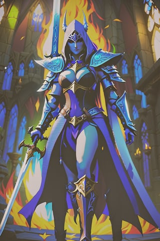 a woman dressed in armor holding a sword, sylvanas windrunner, 2. 5 d cgi anime fantasy artwork, character design : : gothic, 3 d render of a full female body, pale pointed ears, male rogue, the empress’ hanging, unclad, leblanc, promotional images, 32K, fantasy art