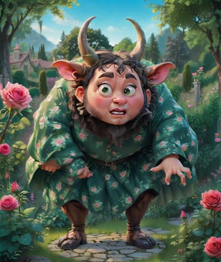 rose with horns, funny facial expressions, Exaggerated action, 3D character, green garden background, a little hairy, round shape, cartoon style, maximalism