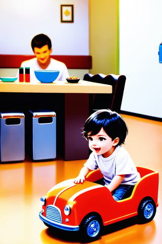 The image features a young boy sitting on a toy car, which appears to be a walker or a toy car with wheels. The boy is wearing a white shirt and seems to be enjoying his time on the toy car. 

In the background, there is a dining table with a few items on it, including a bottle, a cup, and a bowl. A dog is also present in the scene, standing near the boy and the toy car, possibly watching the child play.