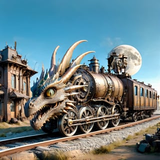 night time,realistic photo of dragon train,a steampunk style,(masterpiece),(best quality),wheels, dragon train on railroads ,steam ,moon night,perfect lighting, post-apocalyptic world,steampunk station background,buildings background,wide angle:1.5,dragon train,ste4mpunk