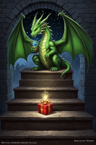 a green dragon sitting on top of steps , by Anne Stokes, (( Black bunny внизу ступенек идет домой)) , Dragon holding gift,  стоковое фото, new year wrapped presents, profile picture 1024px, discord pfp,  