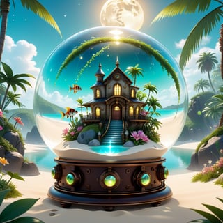 A soccer ball-sized chibi sphere of clear, shiny steampunk glass inside rests a lush miniature ecosystem that thrives in the soft light of an enormous moon, Inside, a tropical beach of fine white sand borders a crystal clear lake, where colorful fish swim among aquatic plants, tall palm trees sway their leaves in the wind, while exotic and vibrantly colored flowers bloom in a lush garden, on top of the green hill, a small house with steampunk lights on, "dreamlike abstraction inside a steampunk glass sphere", dynamic lighting, firefly murmurs, luminescent golden lines, patterns, sunny day background, neutral background outside the sphere, 8K concept art, Lou Xaz