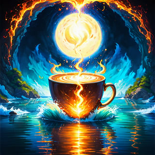 In this dreamlike digital painting, a coffee cup serves as a portal to a mystical realm. Inside the cup, the sea and islands hover on the surface, illuminated by a diminutive sun shining above. Fantastical colors blend seamlessly, casting an enchanting glow across the miniature landscape. Swirling lights dance across the waves, imbuing the scene with a sense of wonder and magic. Every whimsical element is adorned with intricate details, inviting the viewer to step into this surreal and captivating world.