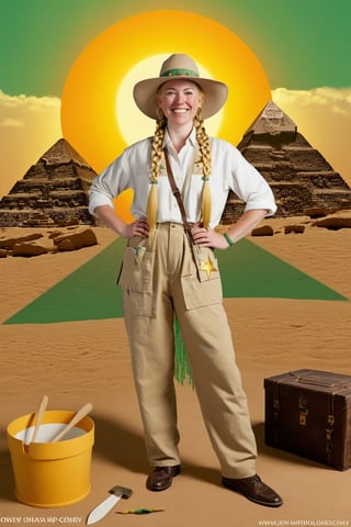 artist Indiana Johns, 1woman, solo, archaeologist, yellow hair, long braids, open forehead, panama hat, khaki suit, green eyes, star-shaped pupils, armband, archaeologist's tools, sun, scorching sun, sweet smile, heavy shoes, against the backdrop of the Cheops pyramid, rarity_(mlp), antiques, archeology, antiquity, archaeological excavation, divine, radiance, official art, stile Indiana Johns