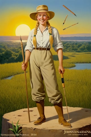 stile Indiana Johns, 1woman, solo, archaeologist, yellow hair, long braids, open forehead, panama hat, khaki suit, green eyes, star-shaped pupils, armband, archaeologist's tools, sun, scorching sun, sweet smile, heavy shoes, rarity, antiques, archeology, antiquity, archaeological excavation, divine, radiance, official art, stile Indiana Johns