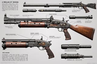 A detailed diagram of a revolving shotgun is presented, showing its various parts and mechanisms. The gun is shown in section, the barrel and other components are clearly visible. Displays of used ammunition