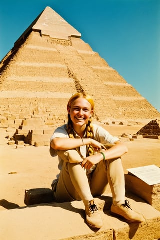 artist Indiana Johns, 1girl, 21 y.o.,  solo, archaeologist, yellow hair, long braids, open forehead, panama hat, khaki suit, green eyes, star-shaped pupils, armband, archaeologist's tools, sun, scorching sun, sweet smile, heavy shoes, against the backdrop of the Cheops pyramid, rarity, antiques, archeology, antiquity, archaeological excavation, divine, radiance, official indiana johns art, stile Indiana Johns
