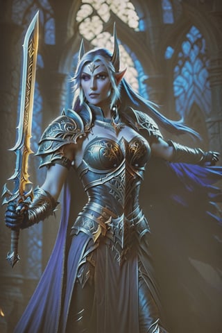 a woman dressed in armor holding a sword, sylvanas windrunner, 2. 5 d cgi anime fantasy artwork, character design : : gothic, 3 d render of a full female body, pale pointed ears, male rogue, the empress’ hanging, unclad, leblanc, promotional images, 32K, fantasy art,DonMD34thKn1gh7XL