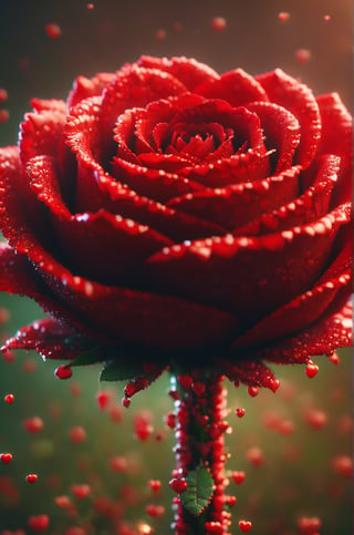 ap0l0veh3art5 style, ((red rose)), green stem, thorns, warm atmosphere, perfect composition, ultrahigh detail, UHD, 8k wallpaper, octane render, simple colour gradient background, bokeh lights