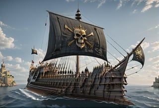 a pirate ship in the ocean with a castle in the background, character design : : gothic, dark drapery, cover art of graphic novel, iron maiden album cover, art render, ((skull)), ship in a bottle, ( ( ( horror art ) ) ), magical and alchemical weapons, author unknown, pirate flag in his arms