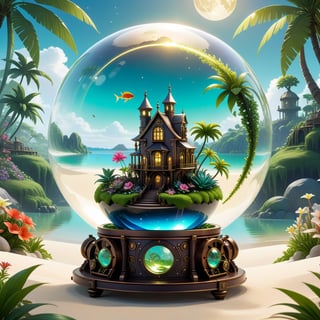 A soccer ball-sized chibi sphere of clear, shiny steampunk glass inside rests a lush miniature ecosystem that thrives in the soft light of an enormous moon, Inside, a tropical beach of fine white sand borders a crystal clear lake, where colorful fish swim among aquatic plants, tall palm trees sway their leaves in the wind, while exotic and vibrantly colored flowers bloom in a lush garden, on top of the green hill, a small house with steampunk lights on, "dreamlike abstraction inside a steampunk glass sphere", dynamic lighting, firefly murmurs, luminescent golden lines, patterns, sunny day background, neutral background outside the sphere, 8K concept art, Lou Xaz